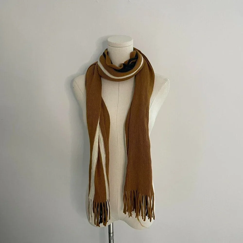 Striped Knit Fringe Scarf  | Mustard, Black & Cream